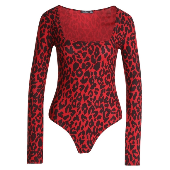 Boohoo Tops - Boohoo Square Neck Leopard Print Bodysuit